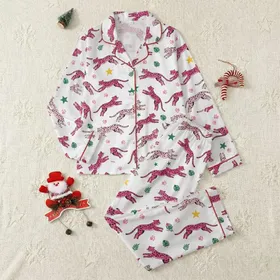 Women's Playful Retro Fuchsia Leopard Graphic, Yellow Stars & Emerald Green Leaves Satin Pajamas Set