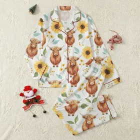 Women's Watercolor Highland Cow Wildflower Pattern with Golden Yellow Sunflowers & Teal Foliage Satin Pajamas Set