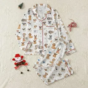 Women's Whimsical Hand-Drawn Cartoon Dog Print with Expressive Faces, Red & Blue Accents Satin Pajamas Set