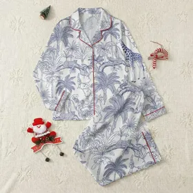 Women's Deep Navy Toile de Jouy Illustrative Jungle Wildlife Pattern on Cream Satin Pajamas Set
