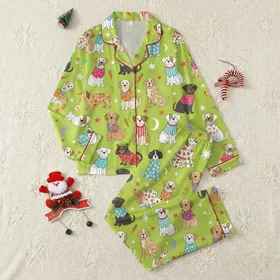 Dog Lovers' Whimsical Dogs Patterned Clothing Lime Green Polka Dot Stripe Floral Print Satin Pajamas Set