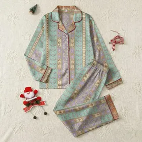 Women's Illustrative Bohemian Patchwork Aqua Rose Bouquets Lavender Damask Ogee Pattern Satin Pajamas Set