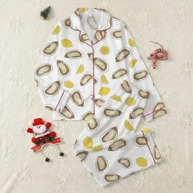 Women's Hand-Drawn Sepia Oyster & Bright Lemon Slice White Coastal Pattern Satin Pajamas Set