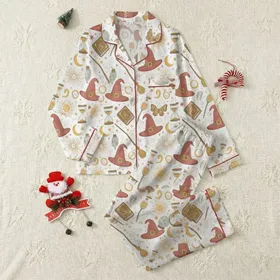 Enchanting Aesthetic Fans' Whimsical Dusty Red, Golden Yellow, Muted Green Sun, Moon, Skull, Witch Hat & Tarot Pattern Satin Pajamas Set