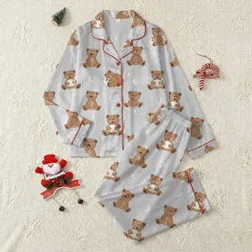 Women's Seamless Light Heather Grey Warm Brown Teddy Bear Moon Star Sleepytime Pattern Satin Pajamas Set