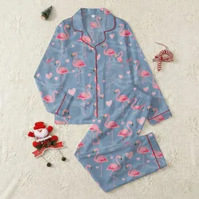 Women's Whimsical Pink Flamingo Pastel Heart Flat Art on Dusty Blue Water Ripple Satin Pajamas Set