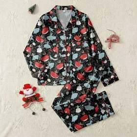Women's Elegant Whimsical Storybook Pattern with Dancing Couples Ice Skaters & Figures in Sky Blue Pink Red White on Black Satin Pajamas Set