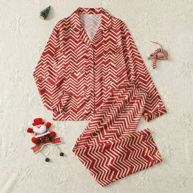 Women's Vibrant Red Cream Off-White Minimalist Geometric Zigzag Stripes Satin Pajamas Set
