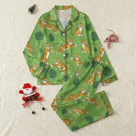 Animal Lovers' Whimsical Yellow-Gold Tiger Emerald Leaf Kelly Green Polka Dot Pattern Satin Pajamas Set