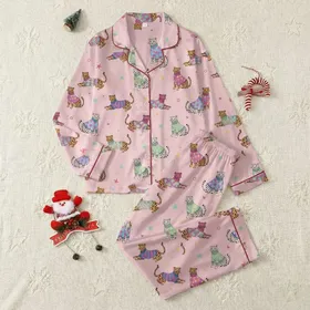 Women's Whimsical Leopard Pattern: Brightly Colored Sweaters, Stars, Hearts on Pastel Pink Satin Pajamas Set