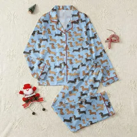 Women's All-Over Playful Dachshund Dog Cartoon Vector Sky Blue Tan Pattern Satin Pajamas Set