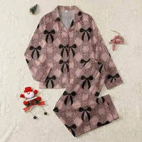 Women's Delicate Dusty Rose Mauve Pink Vintage Black Lace Filigree & Trailing Satin Bows Satin Pajamas Set
