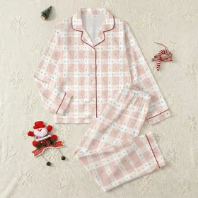 Women's Light Peachy Pink Gingham Whimsical Pastel Stars Hearts Flowers Polka Dots Satin Pajamas Set