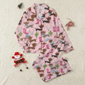 Dachshund Lovers' Whimsical Cowboy Dachshunds, Hot Pink Boots, Green Cactus & Blue Hats Pattern Satin Pajamas Set