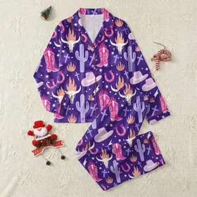 Kids' Royal Purple Western Desert Playful Hot Pink Boots & Saguaro Cacti Satin Pajamas Set