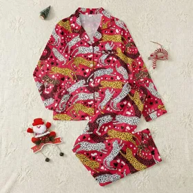 Women's Vibrant Red Whimsical Leopard Pattern with Multi-Color Spots, Scattered Hearts, Stars Satin Pajamas Set