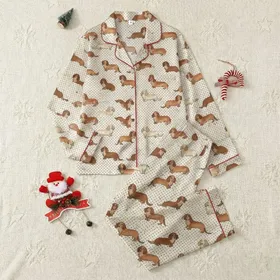 Women's Whimsical Hand-Drawn Dachshunds Cream Off-White Black Polka Dot Pattern Satin Pajamas Set