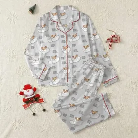 Chihuahua Lovers' Tan Cream Sleeping Chihuahua & Pillow Organic Pattern on Heather Grey with Pet Quote Satin Pajamas Set