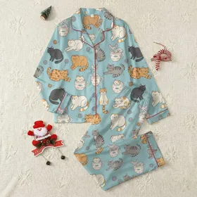 Cat Lovers' Whimsical Flat Cartoon Cat Breeds Robin's Egg Blue Orange Grey Motif Satin Pajamas Set