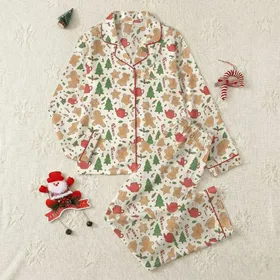 Women's Whimsical Gingerbread Hot Cocoa Candy Cane Holly Pattern on Creamy Off-White Satin Pajamas Set