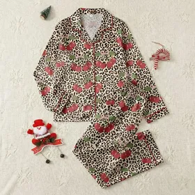 Women's Playful Beige Tan Leopard Spot with Bright Red Cherries & Pink Bows Satin Pajamas Set