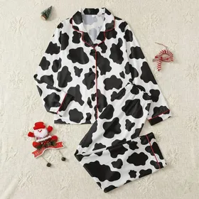 Women's Whimsical Black & White Organic Cow Spot Interlocking Pattern Satin Pajamas Set