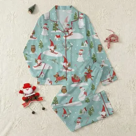 Winter Enthusiasts' Whimsical Turquoise Snowmen, Gnomes, Reindeer, Polar Bears, Dogs, Owls Holiday Pattern Satin Pajamas Set