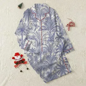 Nature Lovers' Intricate Indigo Blue Toile de Jouy Tropical Jungle Safari Animal Pattern Satin Pajamas Set