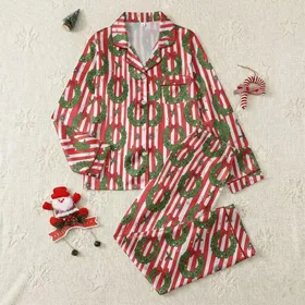 Women's Vibrant Red White Striped Christmas Wreath Holly Berry Starburst Graphic Satin Pajamas Set