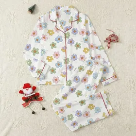 Women's Whimsical Hand-Drawn Scattered Stylized Floral Pastel Pink Sage Blue Pattern Satin Pajamas Set