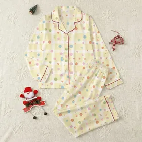 Women's Pastel Yellow Gingham Checks with Playful Pink Green Blue Orange Polka Dots & Hearts Satin Pajamas Set