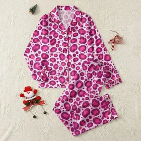 Women's Vibrant Fuchsia Hot Pink Leopard Spot White Abstract Blobs Pattern Satin Pajamas Set