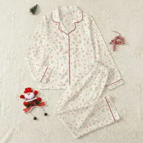 Women's Creamy Off-White Whimsical Bellflower Peach Pink Butterfly & Lilac Bow Pattern Satin Pajamas Set