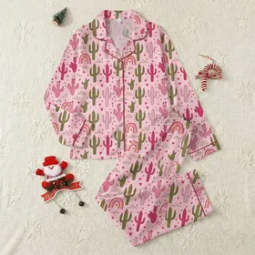 Women's Light Pink Whimsical Desert Landscape Olive Green Fuchsia Cacti Rainbow Hearts Satin Pajamas Set
