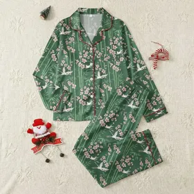 Women's Muted Forest Green Blush Cherry Plum Blossom Bamboo Crane Swallow Pattern Satin Pajamas Set