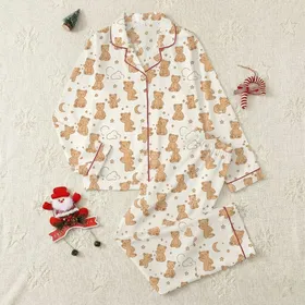 Women's Whimsical Flat Hand-Drawn Brown Teddy Bear, Moon, & Star Celestial Pattern Satin Pajamas Set