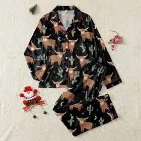 Women's Whimsical Folk Art Highland Cow Cactus Desert Night Black Sage Pattern Satin Pajamas Set