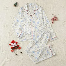 Women's Cream Muted Blue Periwinkle Lily Bellflower Illustrative Botanical Print Satin Pajamas Set