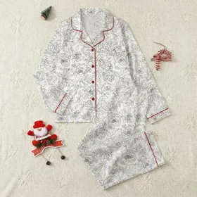 Women's High-Contrast Black Off-White Illustrative Peony Camellia Botanical Ink Sketch Pattern Satin Pajamas Set
