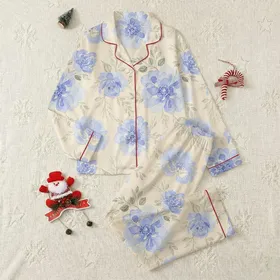 Women's Muted Periwinkle Sky Blue Watercolor Rose Peony Floral Pattern on Champagne Satin Pajamas Set