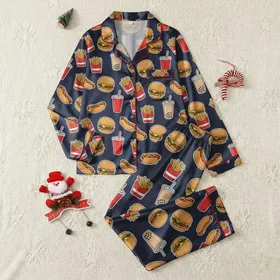 Foodie Fun Lovers' Playful Cartoon Diner Snacks Pattern with Cheeseburgers, Fries & Bubble Tea, Navy Blue Red Yellow Satin Pajamas Set