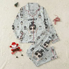 Women's Whimsical Hand-Drawn Cartoon Girls Cats Peace Signs LOVELY Text Yellow Stars Light Gray Pattern Satin Pajamas Set