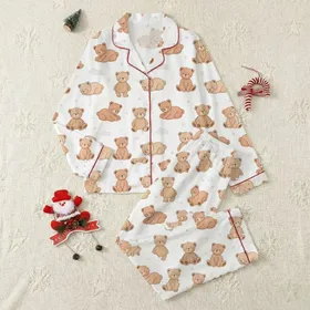 Women's Whimsical Storybook Teddy Bear Pattern with Soft Brown Tones, White Background, Pink Hearts & Stars Satin Pajamas Set