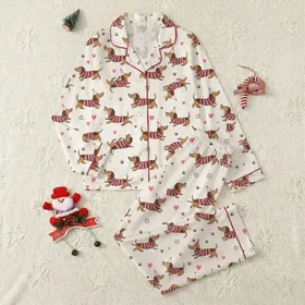 Women's Playful Dachshund Dog Pattern with Bubblegum Pink Sweaters & Party Hats on Off-White Satin Pajamas Set