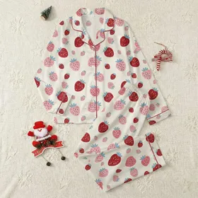 Women's Whimsical Hand-Drawn Strawberry Pattern with Red, Pink & Blue Tones on Off-White Satin Pajamas Set