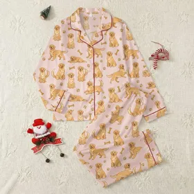 Women's Light Pastel Pink Whimsical Golden Retriever Playful Dog & Bone Pattern Satin Pajamas Set