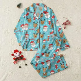 Women's Cyan-Blue Cheerful Cartoony Christmas Print Santa Reindeer Gingerbread Snowflakes Merry Joy Satin Pajamas Set