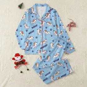 Dog Lovers' Playful Cartoon Puppy & Bone Scattered Sky Blue Indigo Design Satin Pajamas Set
