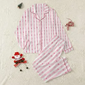 Women's Delicate Pastel Pink & White Striped Whimsical Bow Heart Flower Pattern Satin Pajamas Set