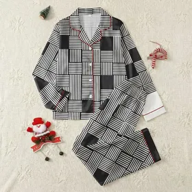 Women's Crisp Black White Geometric Striped Blocks Vertical Horizontal Diagonal Pattern Satin Pajamas Set